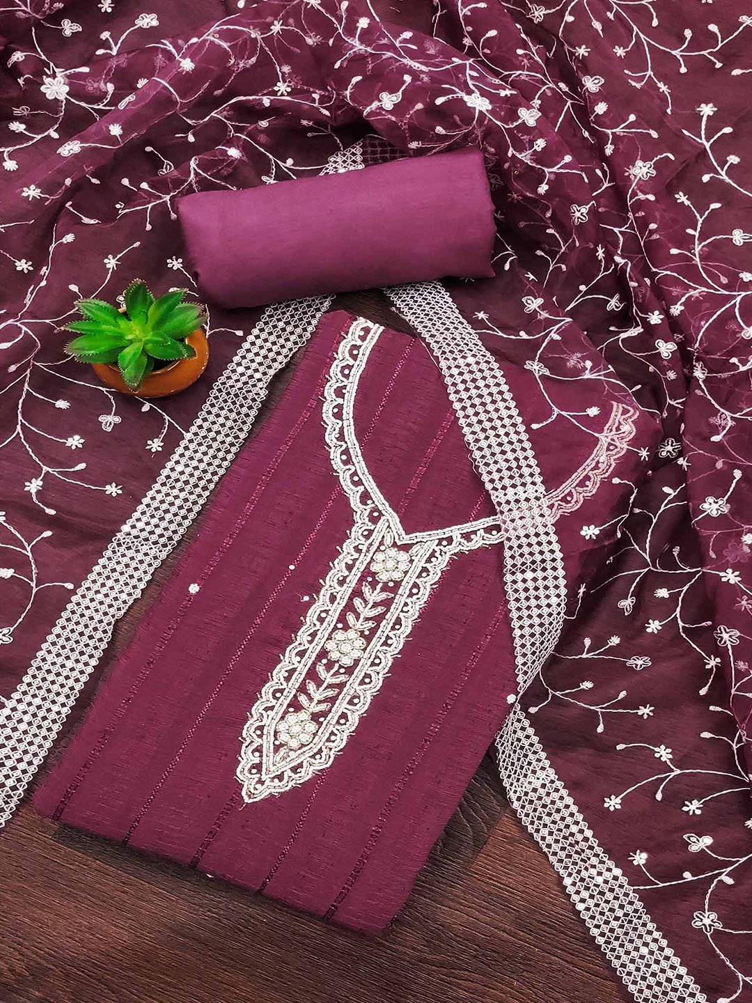 

Peachmode Striped Embroidered Beads and Stones Pure Cotton Unstitched Dress Material, Purple