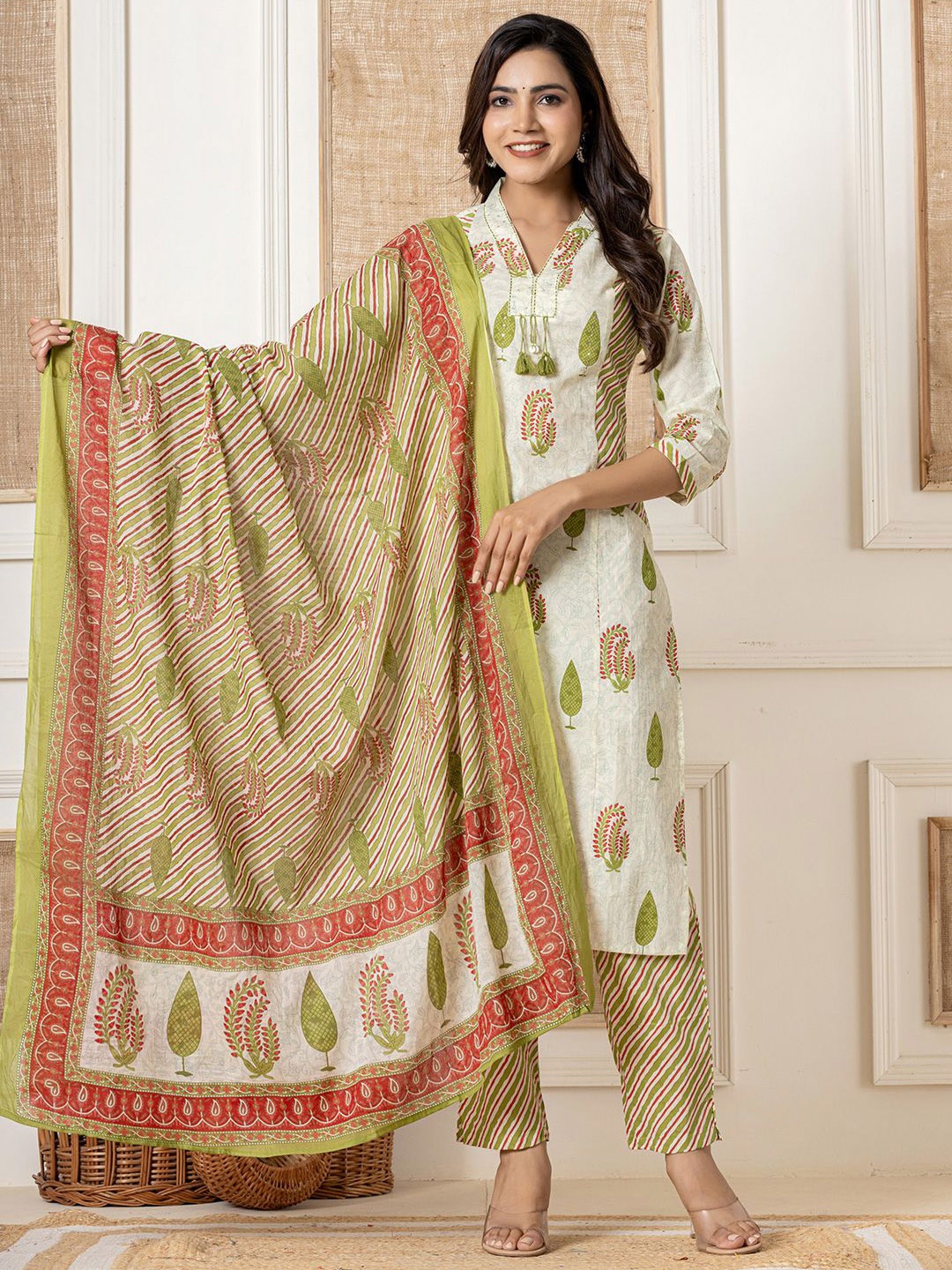 

Benaaz Floral Printed V-Neck Pure Cotton Straight Kurta with Trousers & Dupatta, Cream