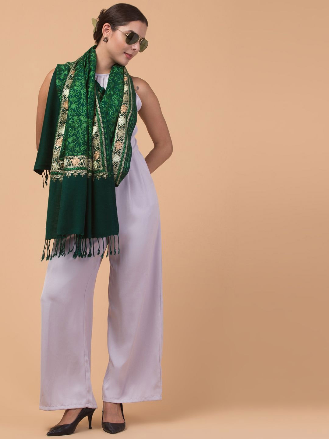 

Tweedle Floral Aari Embroidered Acrylic Woollen Shawl, Green