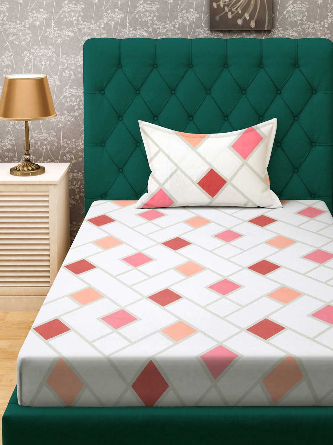

ROSARA HOME Pink & White Geometric Pure Cotton 144 TC Single Bedsheet with 1 Pillow Covers