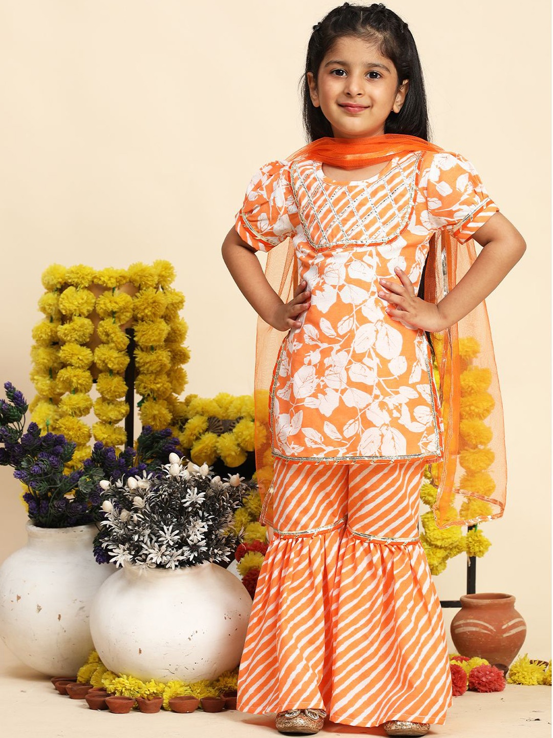 

Cutiekins Girls Floral Printed Empire Gotta Patti Straight Kurta With Sharara & Dupatta, Orange