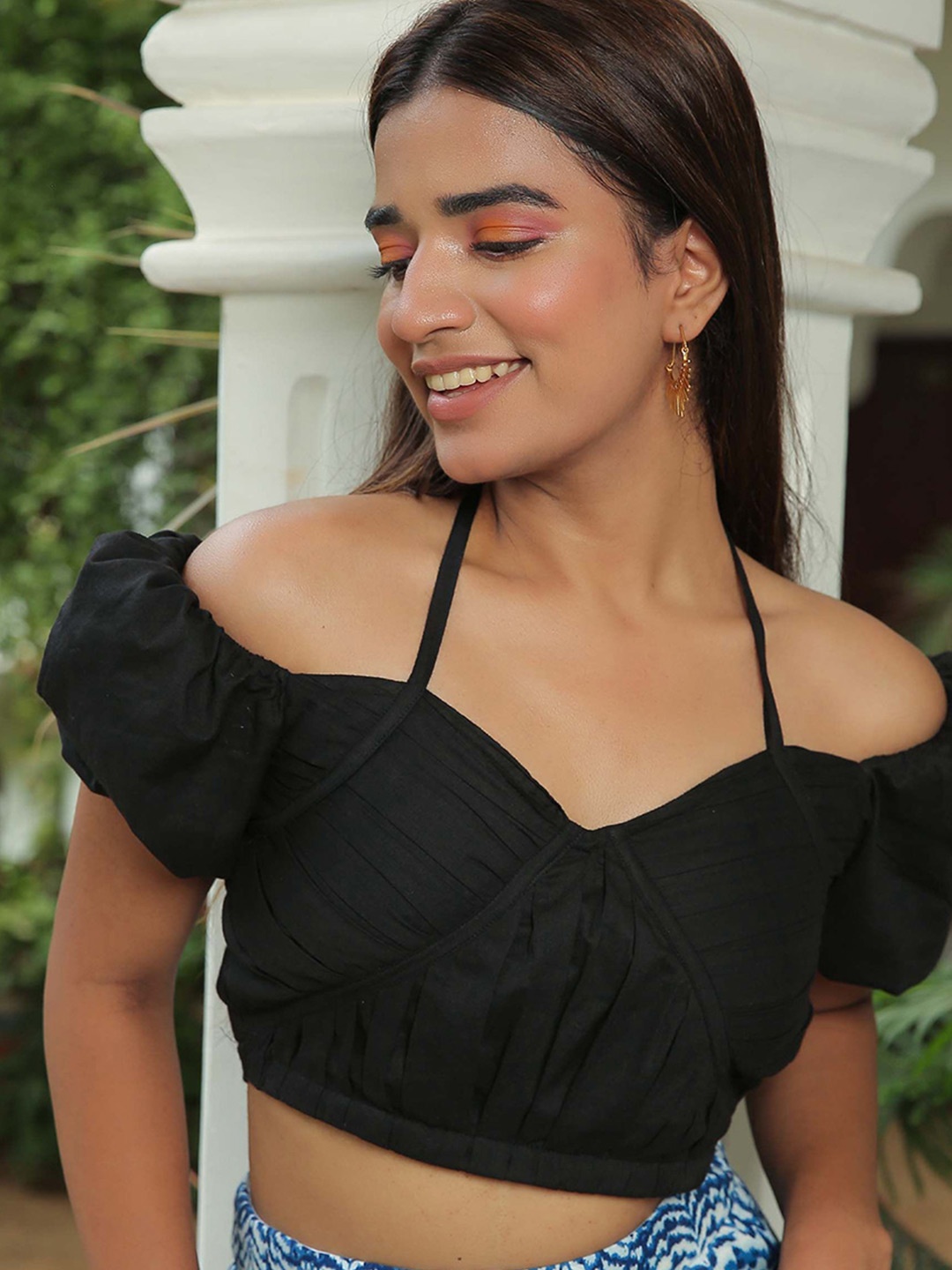 

KAORI BY SHREYA AGARWAL Women Solid Sweetheart Neck Cotton Top, Black