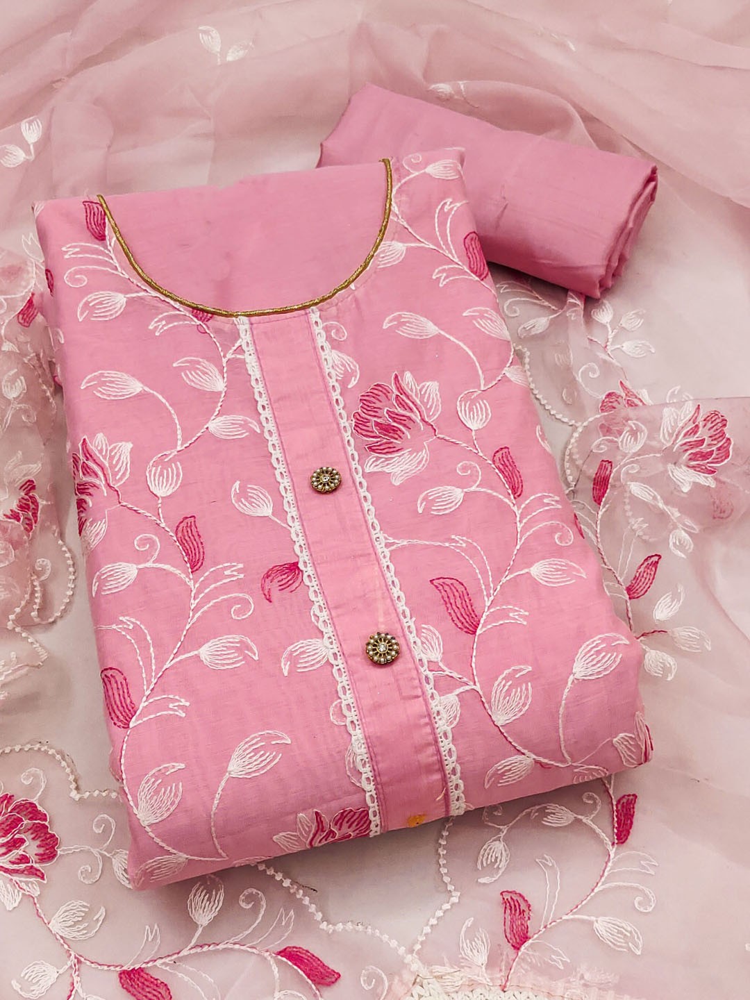 

KIMISHA Floral Embroidered Unstitched Dress Material, Pink