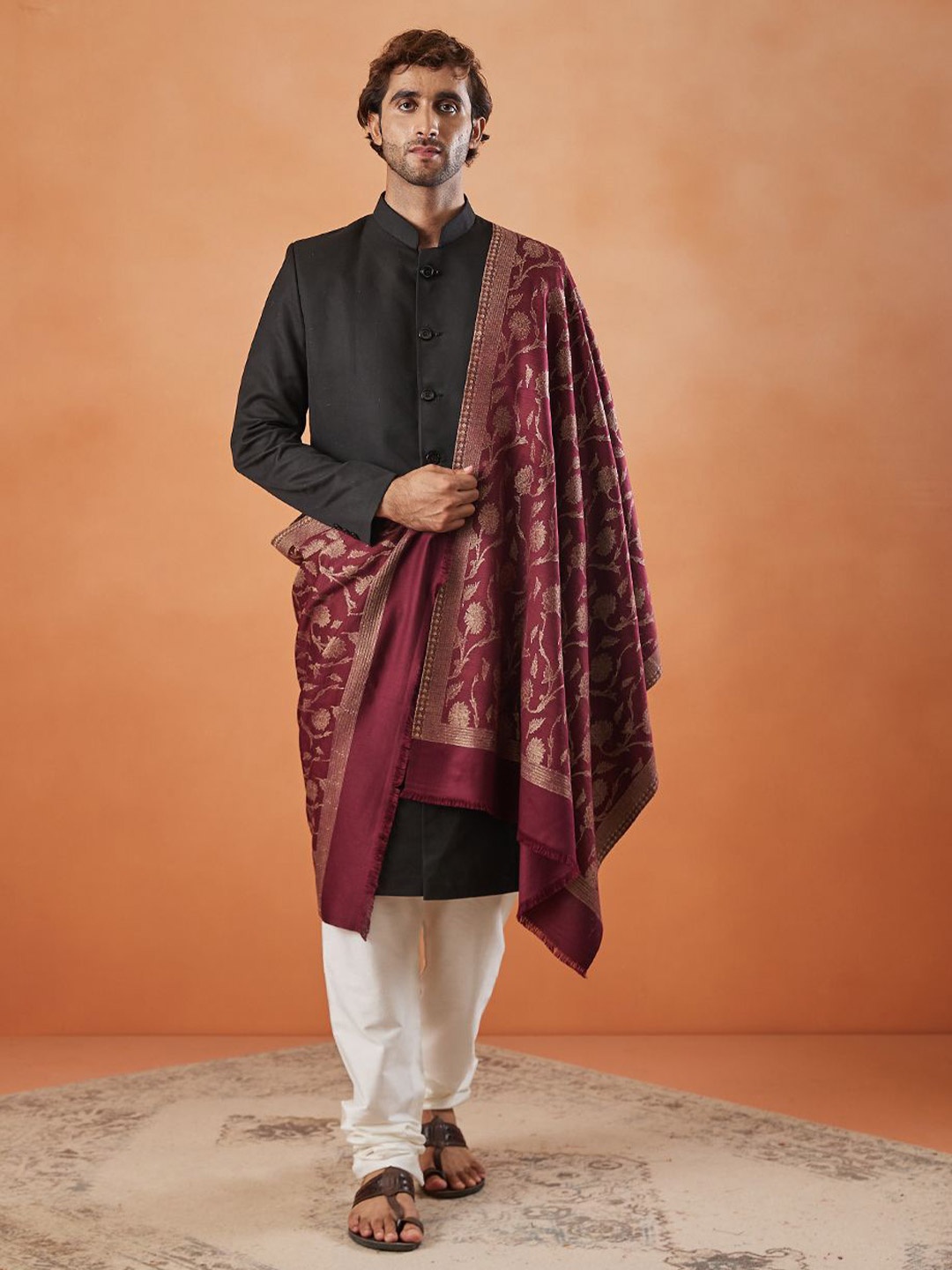 

Pashmoda Men Floral Woven Design Stole, Purple