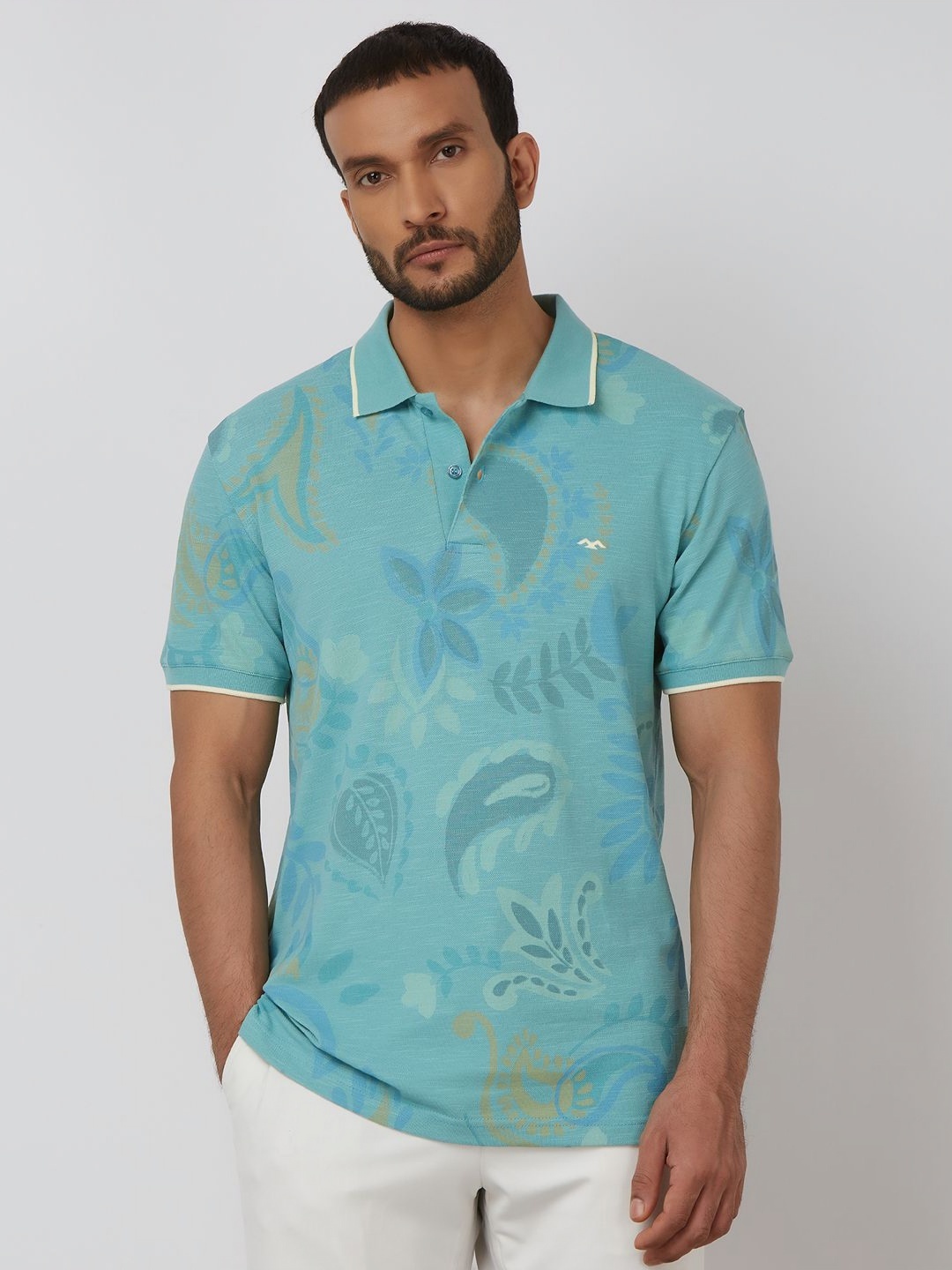 

Mufti Men Floral Printed Polo Collar Cotton Slim Fit T-shirt, Teal