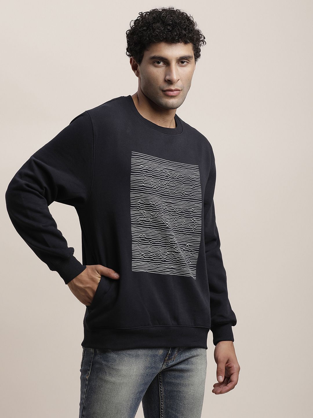 

Turtle Men Abstract Printed Round Neck Cotton Pullover Sweatshirt, Black