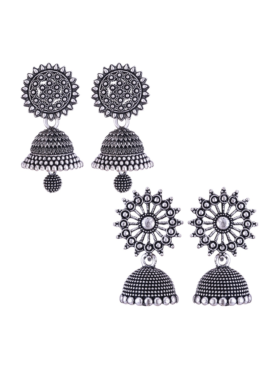 

DIVASTRI Set Of 2 Silver-Plated Stones Studded and Beaded Floral Oxidised Jhumkas