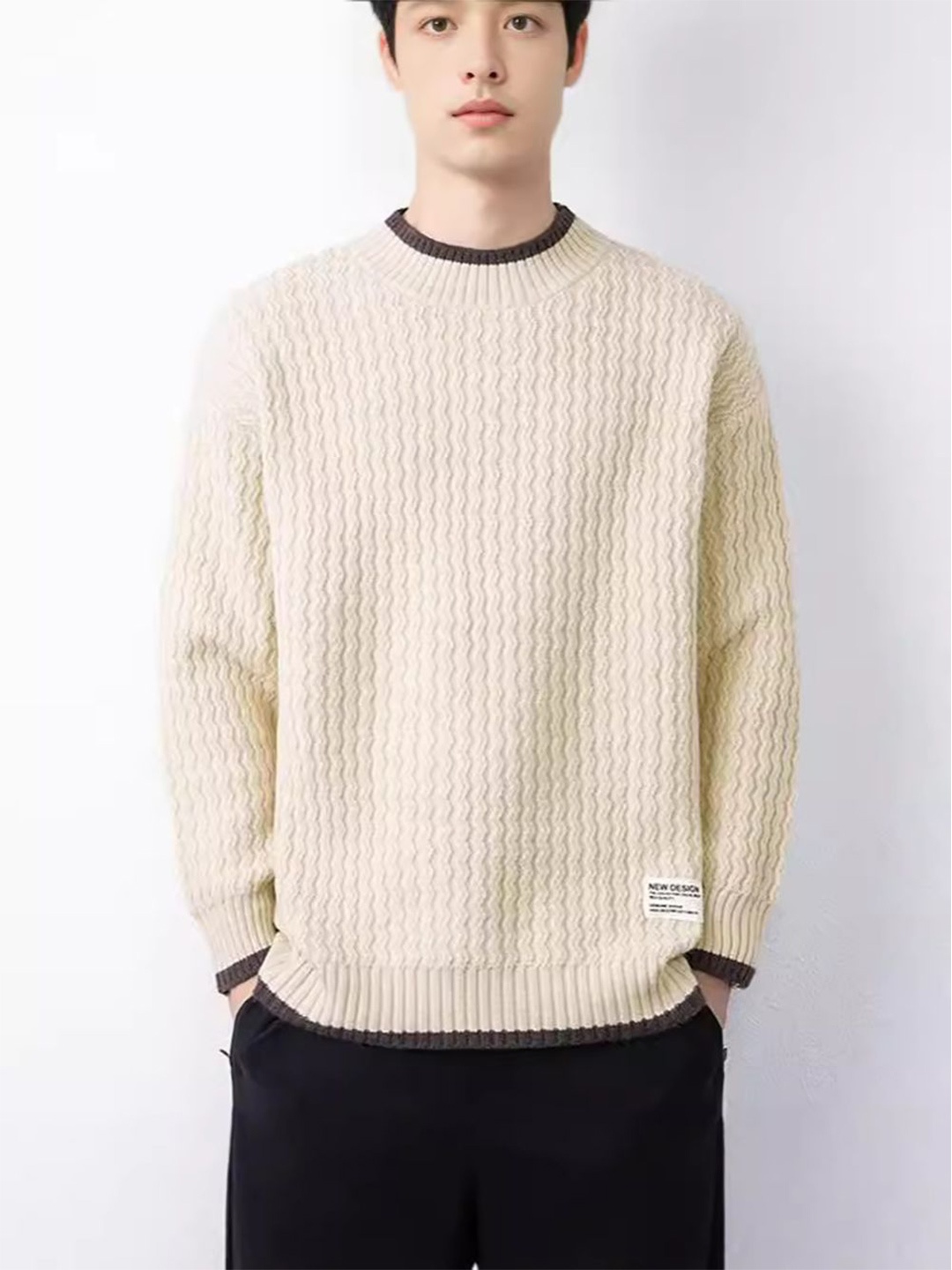 

StyleCast x Revolte Men Solid Round Neck Pullover Sweatshirt, Beige