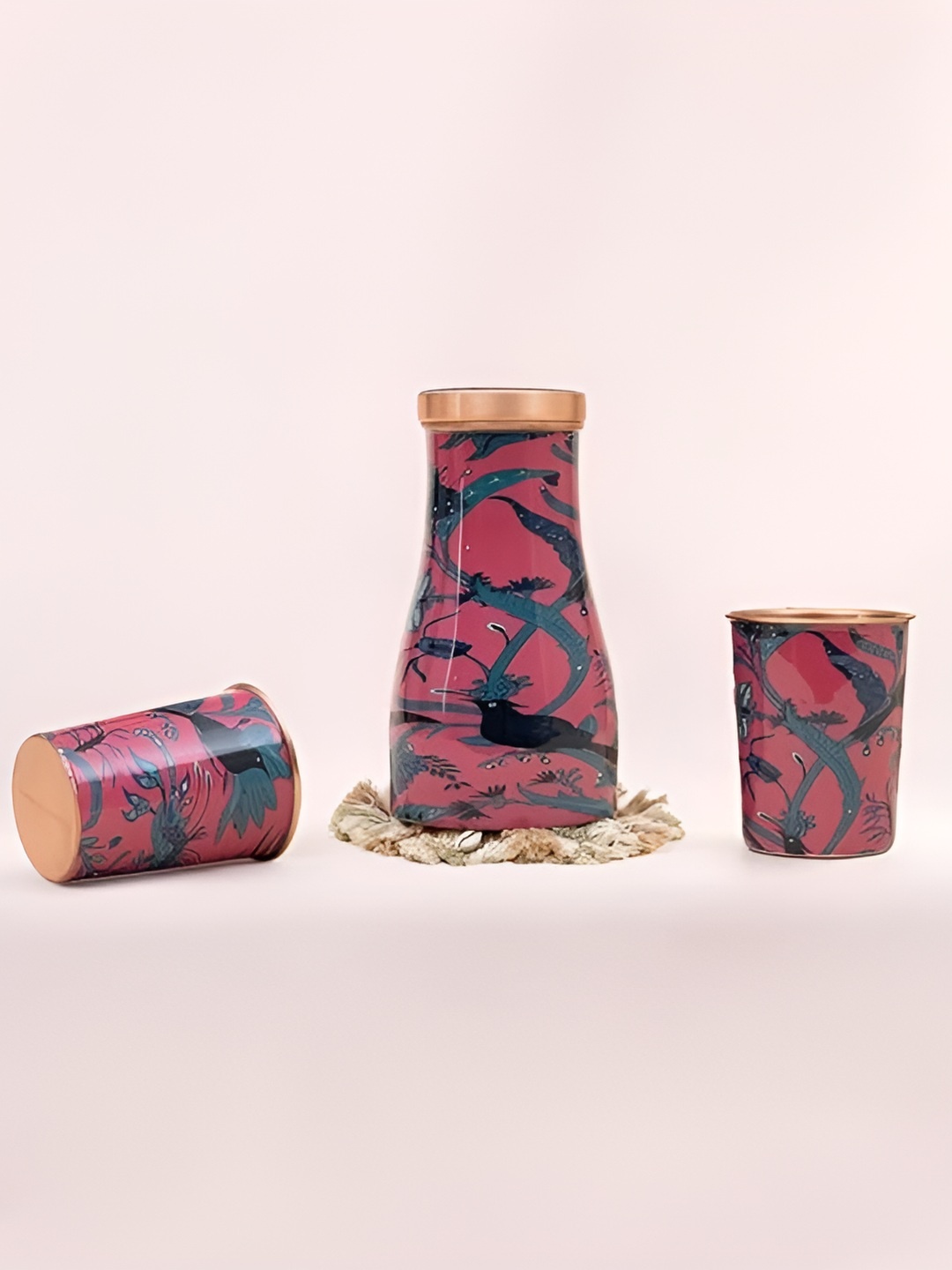 

veda essentials Copper-Toned & Purple 3 Pieces Copper Printed Water Bottle with 2 Glasses