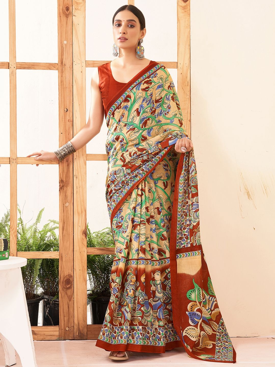 

Mitera Kalamkari Printed Pure Cotton Ikat Saree, Beige
