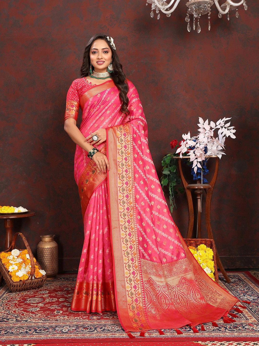 

Zeekha Woven Design Zari Pure Silk Kanjeevaram Saree, Pink