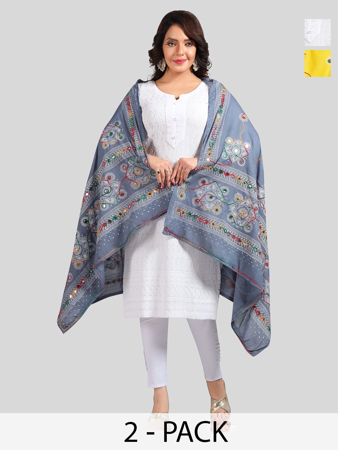 

Fabme Pack Of 2 Ethnic Motifs Embroidered Dupatta with Mirror Work, Grey