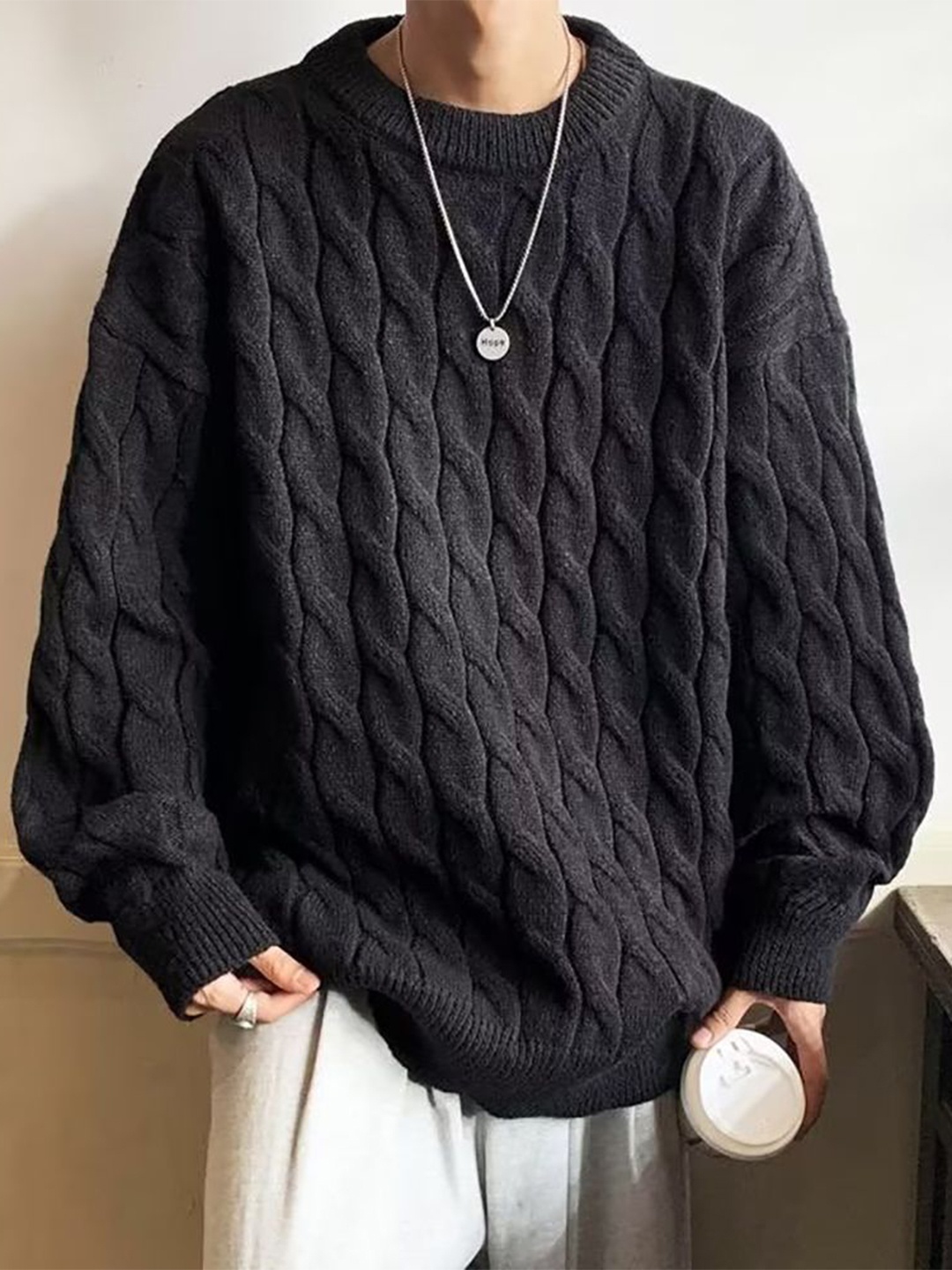 

StyleCast x Revolte Men Cable Knit Pullover, Black