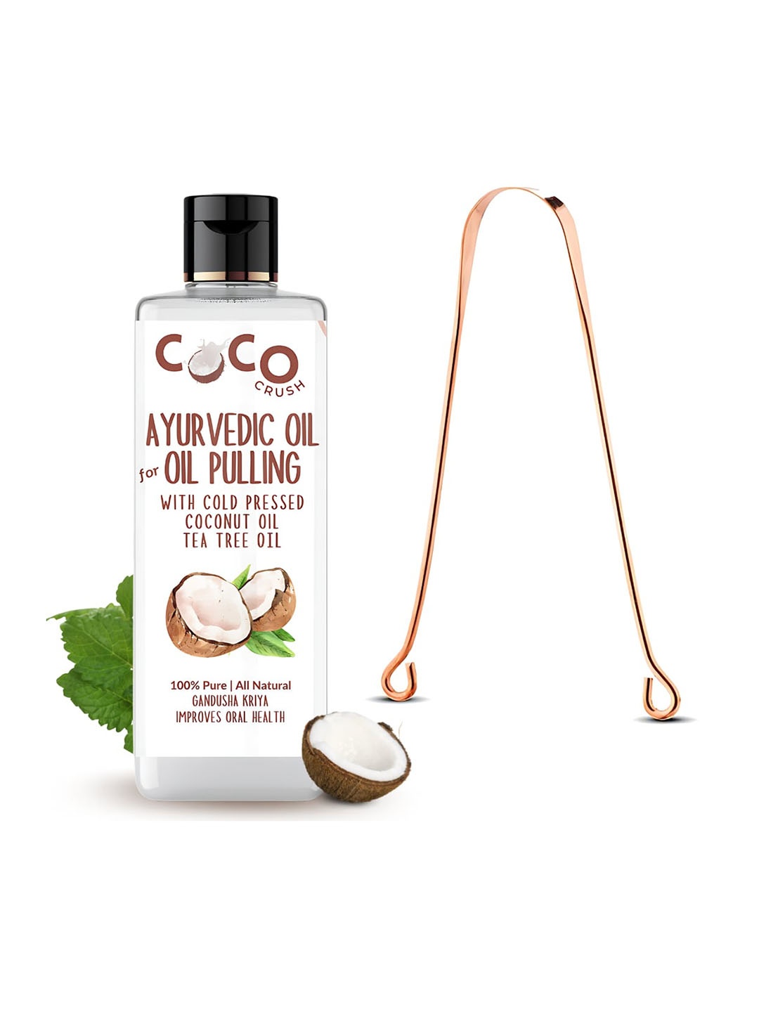 

Coco Crush Ayurvedic Coconut Oil & Tea Tree For Pulling With Copper Tongue Cleaner -200ml, Transparent