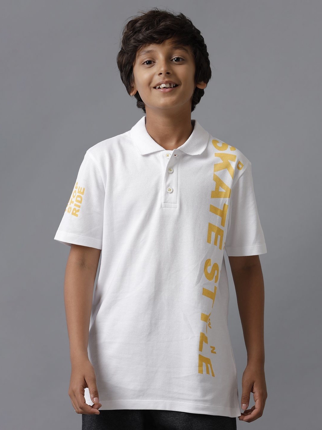 

UNDER FOURTEEN ONLY Boys Typography Printed Polo Collar Cotton T-shirt, White