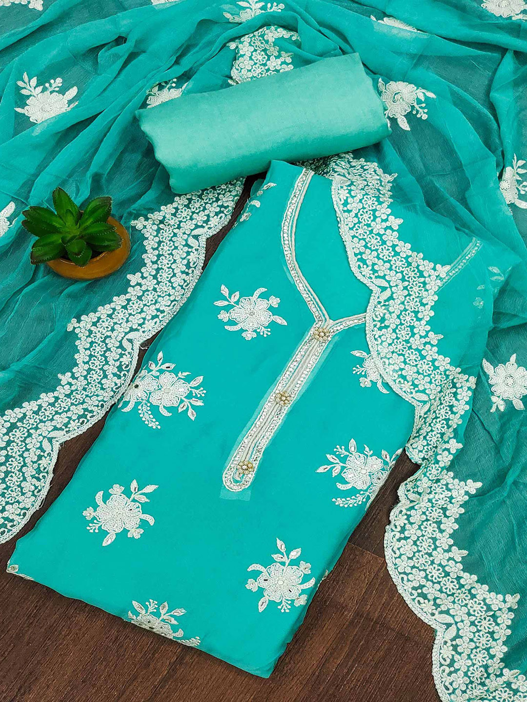 

Peachmode Embroidered Organza Unstitched Dress Material, Turquoise blue