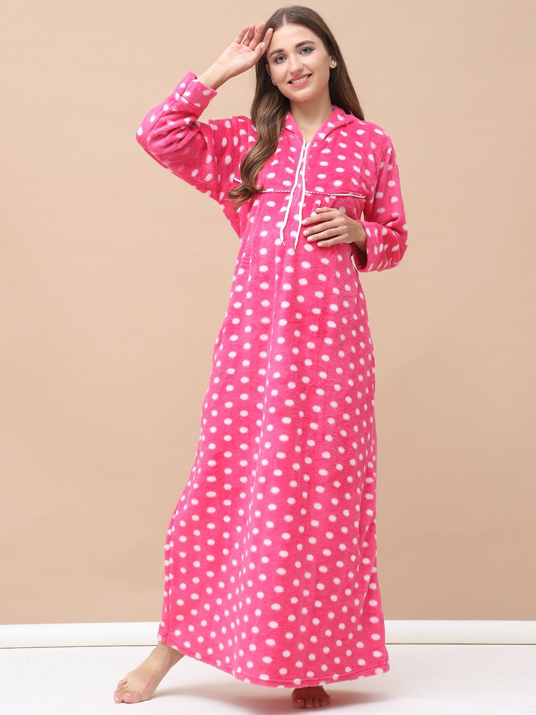 

Secret Wish Women Polka Dots Printed Maxi Maternity Nightdress, Pink