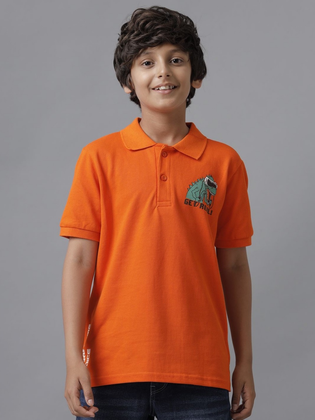 

UNDER FOURTEEN ONLY Boys Graphic Printed Polo Collar Cotton T-shirt, Orange