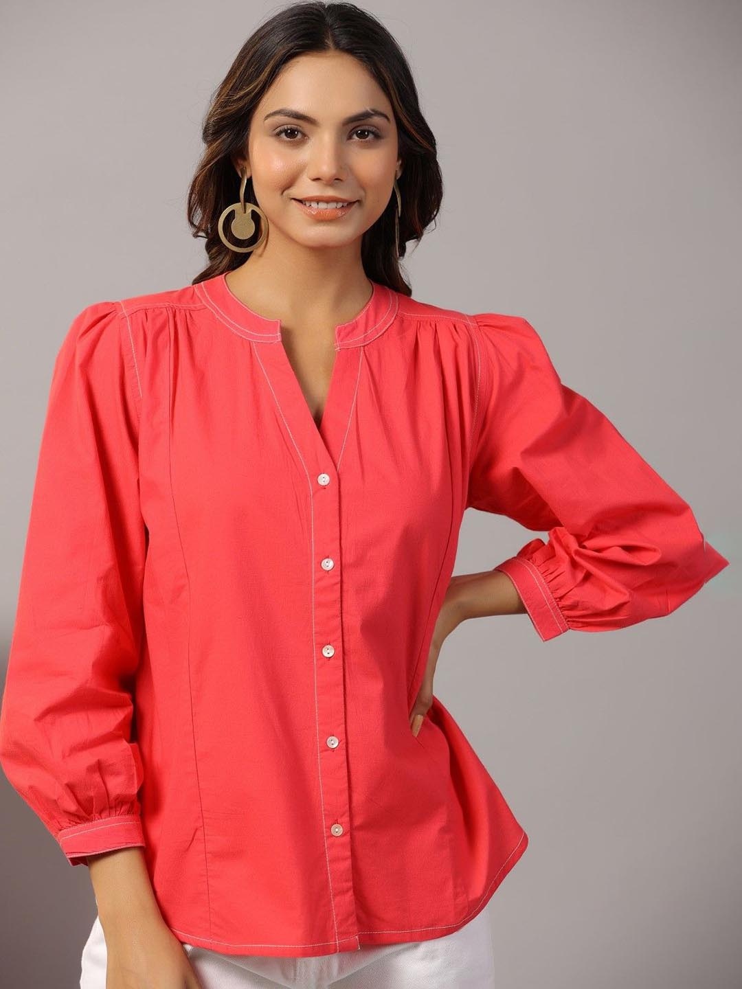 

AUTUMN LANE Mandarin Collar Puff Sleeves Pure Cotton Casual Shirt, Red