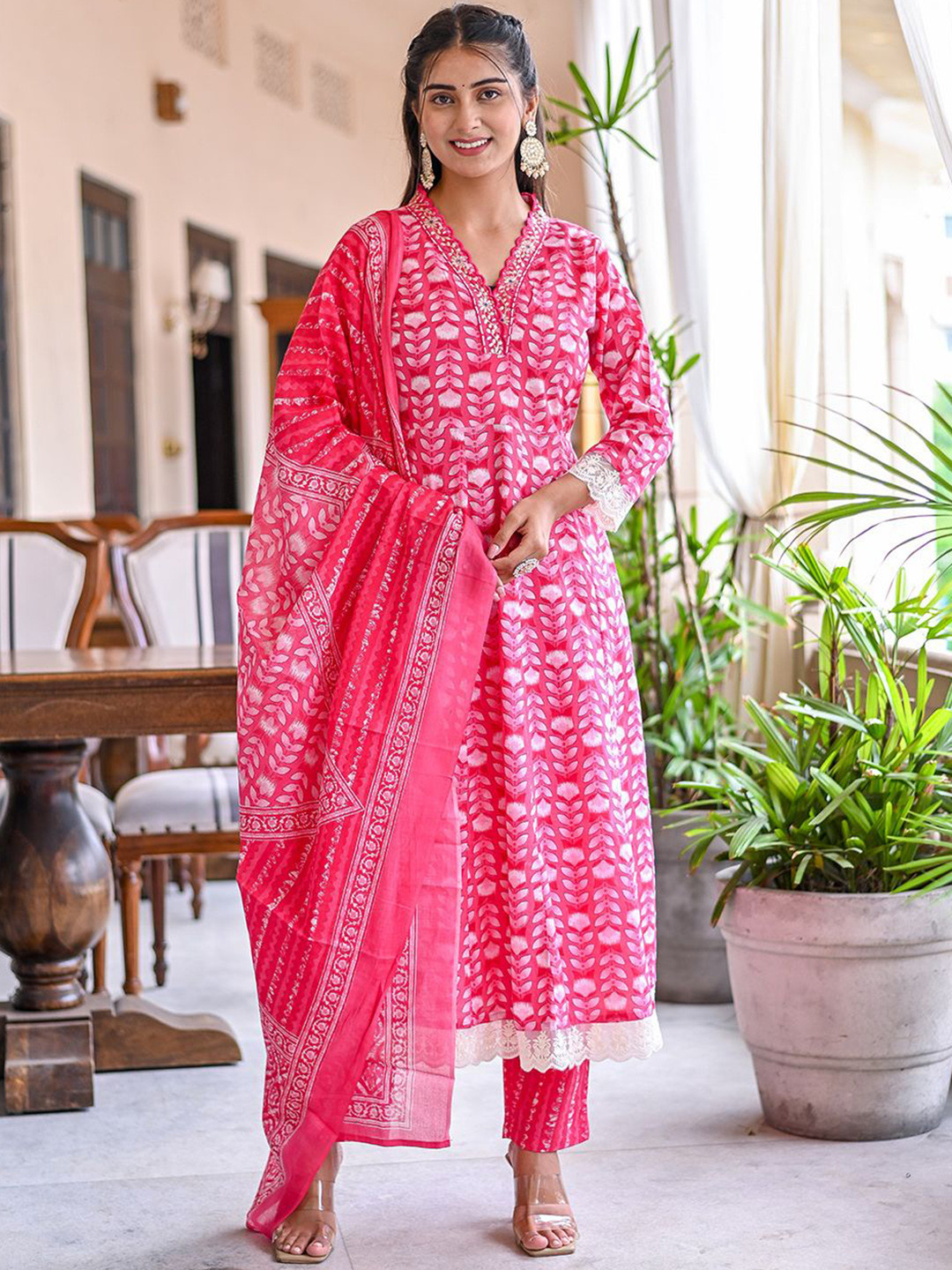 

Benaaz Floral Printed Pure Cotton Thread Work Anarkali Kurta With Trousers & Dupatta, Pink