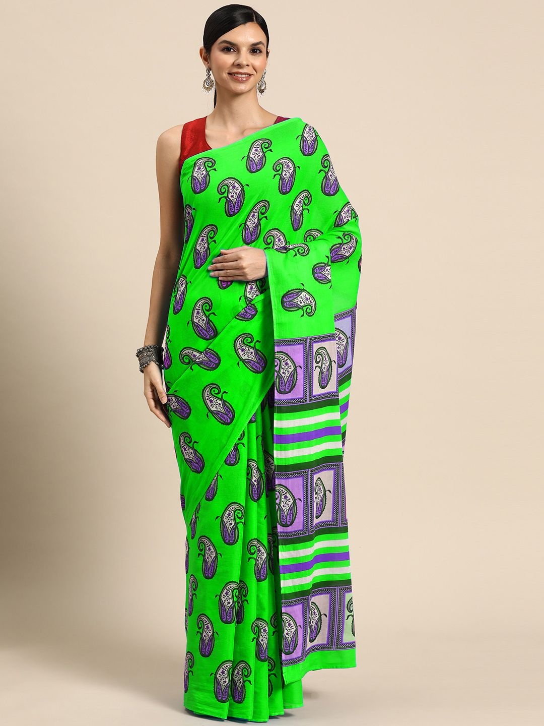 

BUTA BUTI Paisley Pure Cotton Saree, Green