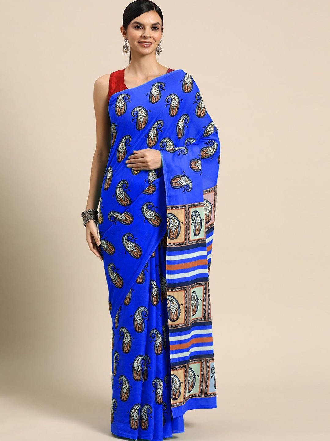 

BUTA BUTI Paisley Printed Pure Cotton Saree, Blue