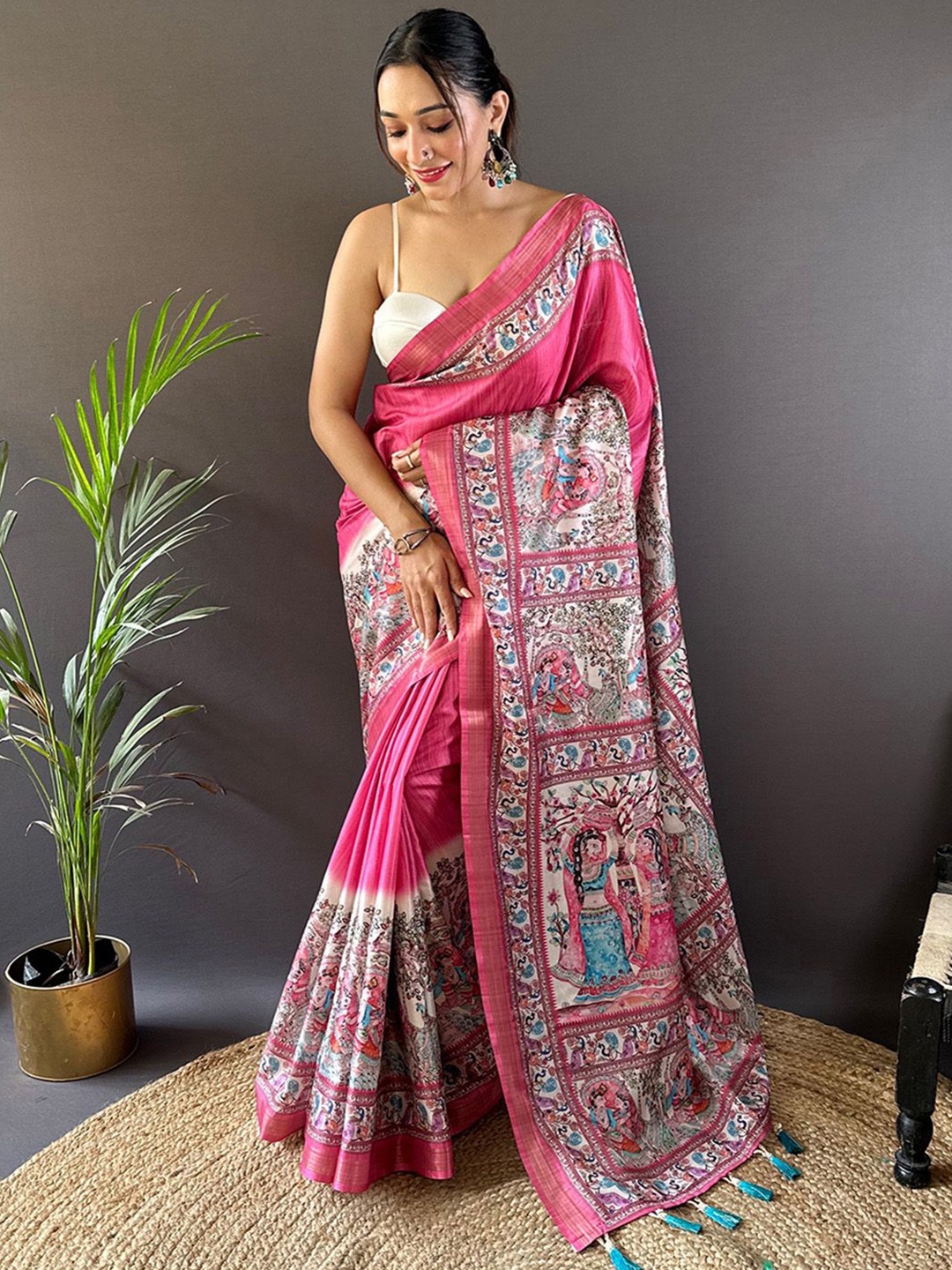 

Ishin Kalamkari Zari Tussar Saree, Pink