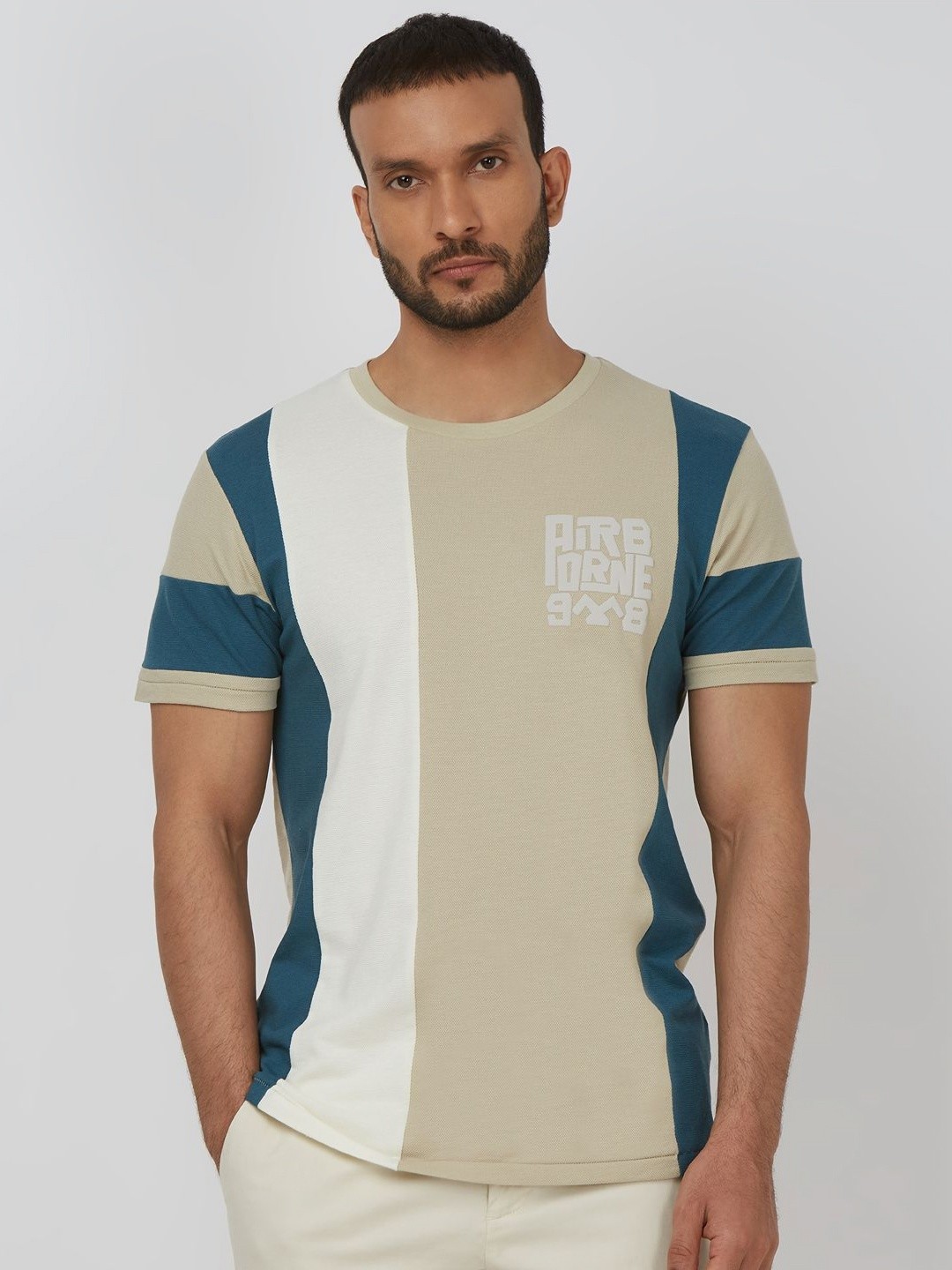 

Mufti Men Striped Round Neck Cotton Slim Fit T-shirt, Beige