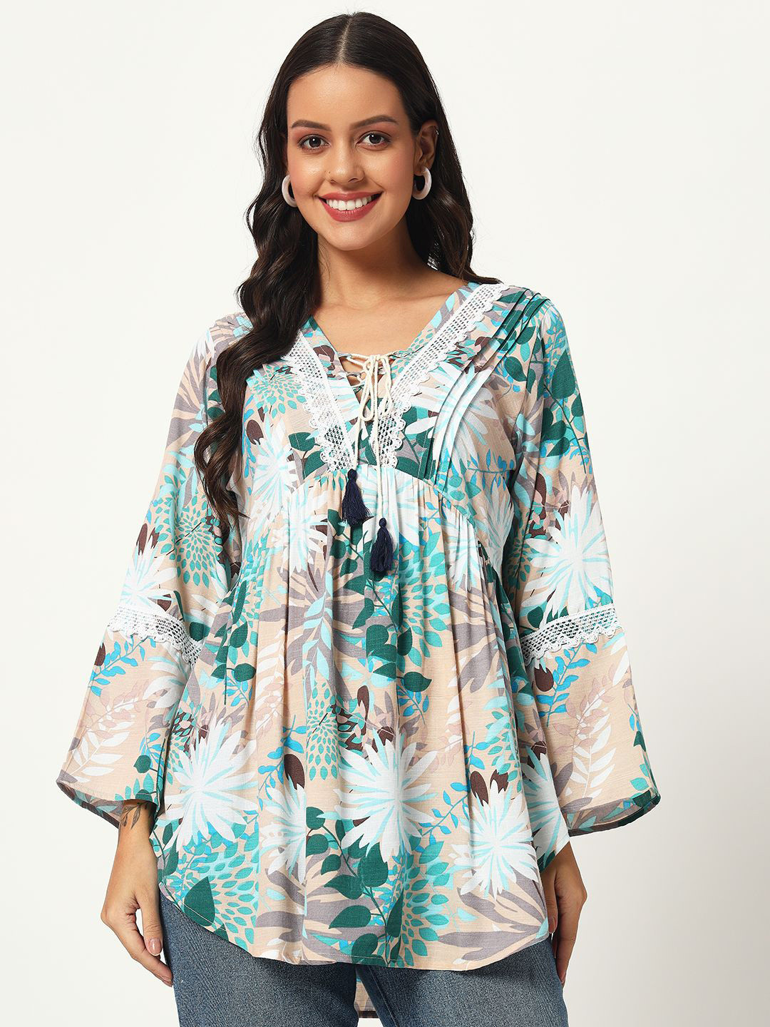 

VELDRESS Embellished Print Longline Top, Green