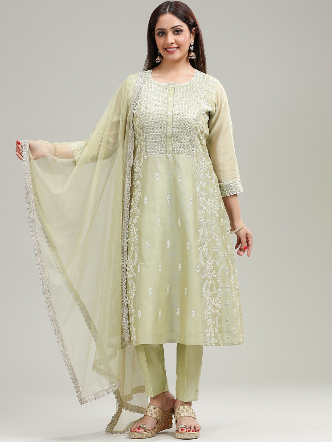 

COTTON CULTURE Floral Embroidered Chanderi Cotton Kurta With Trousers & Dupatta, Green