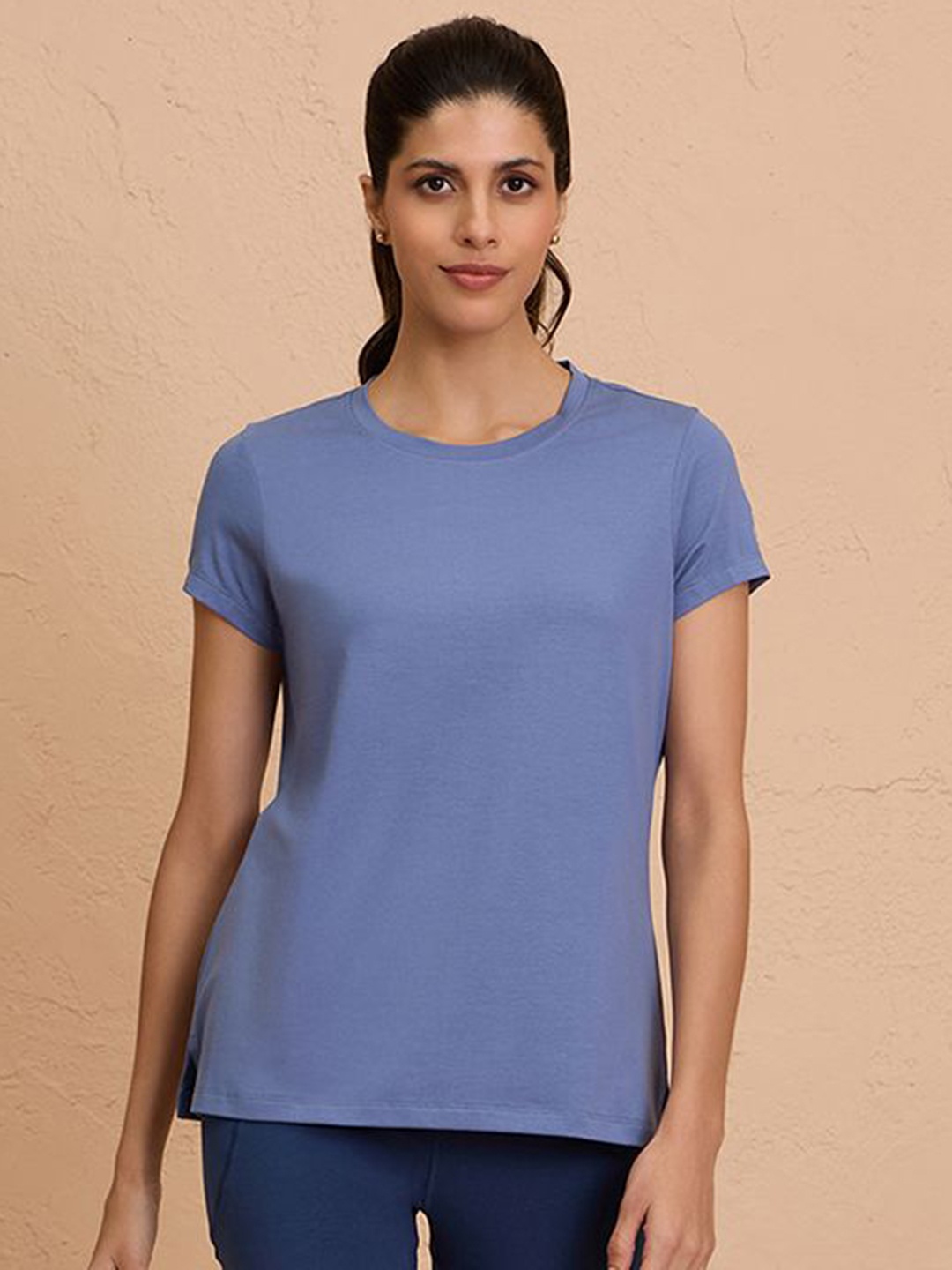 

Nykd Women Solid Round Neck Cotton T-shirt, Blue