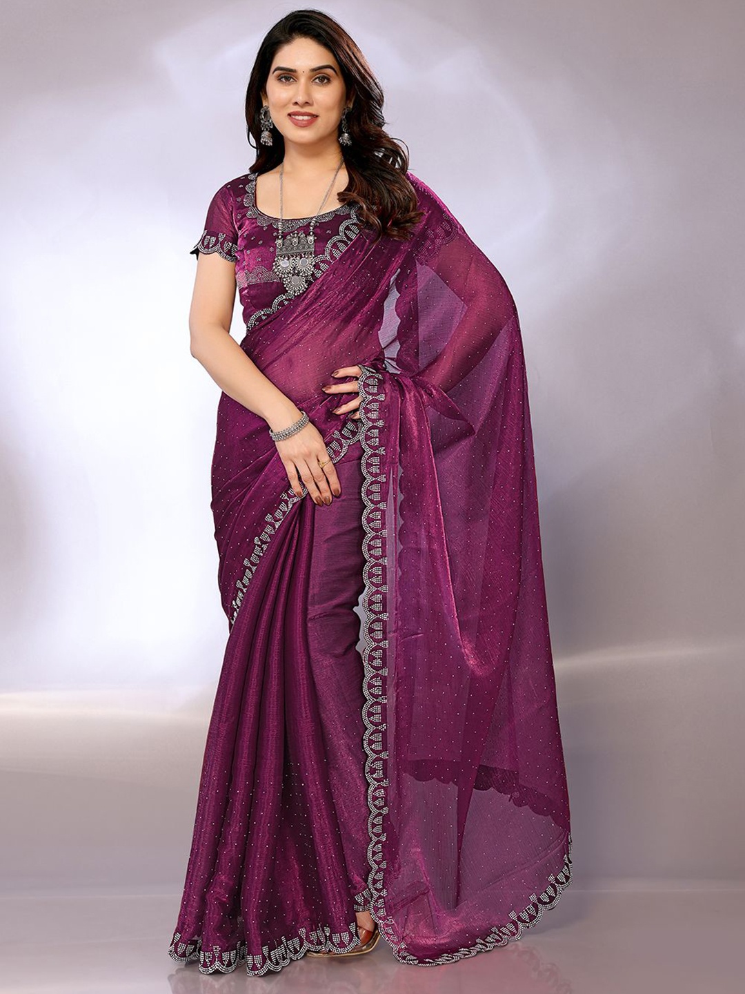 

FABMORA Embellished Beads and Stones Saree, Purple