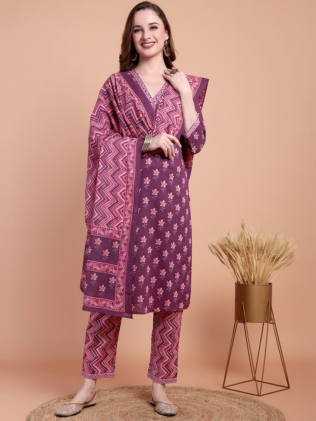 

Atha Fashion Ethnic Motifs Printed Pure Cotton Straight Kurta With Trouser & Dupatta, Purple