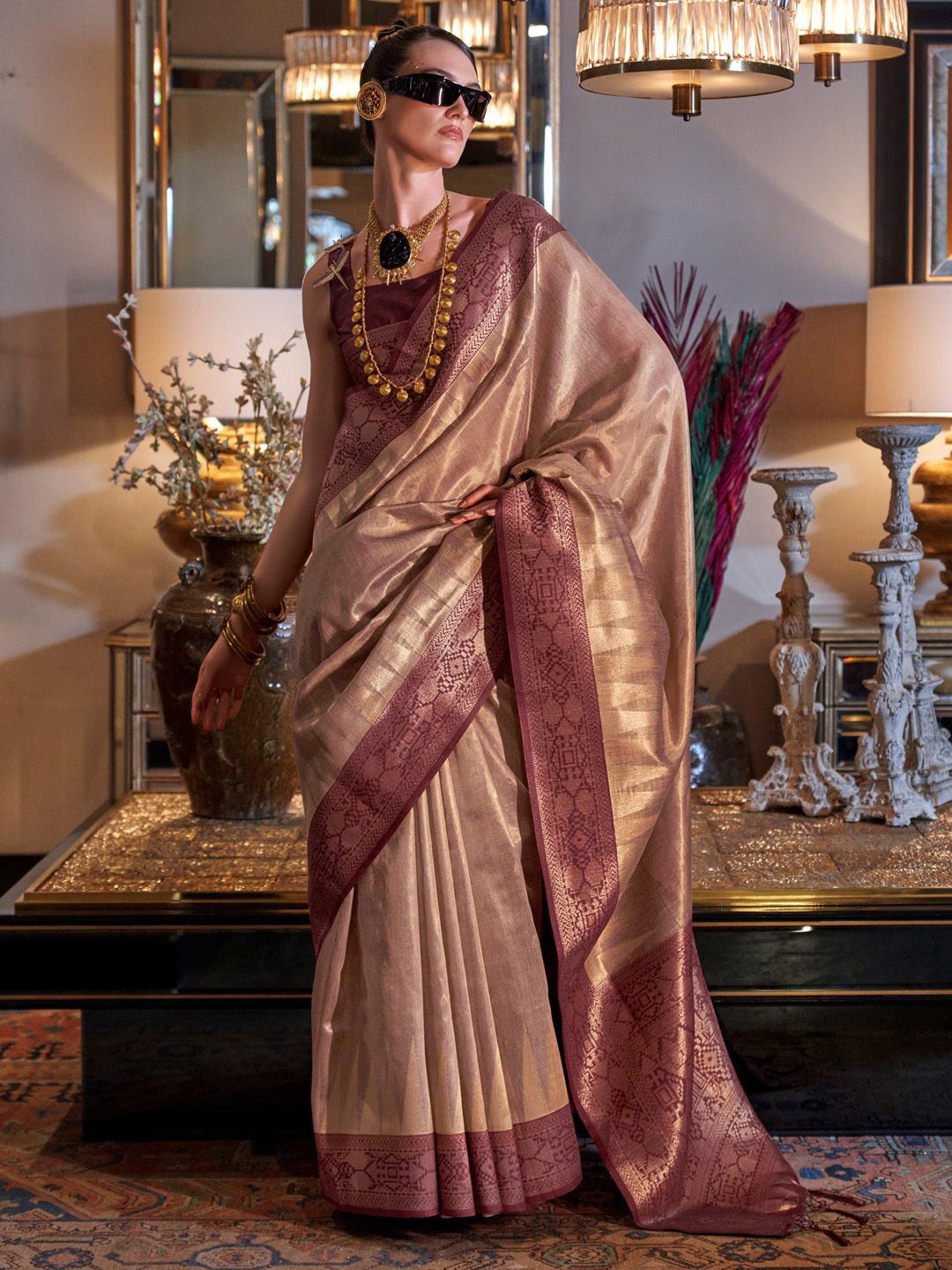 

Mitera Ethnic Motifs Zari Tissue Banarasi Saree, Beige