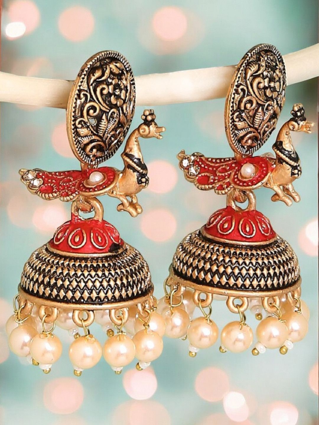 

OOMPH Peacock Shaped Stone Studded Meenakari Jhumkas, Gold