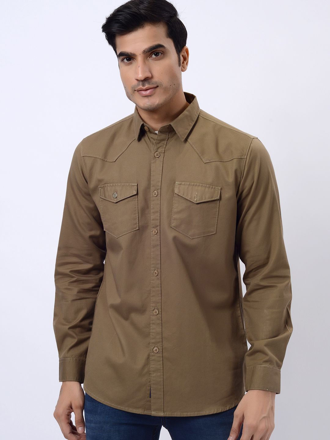 

JADE BLUE Men Cutaway Collar Solid Printed Cotton Slim Fit Casual Shirt, Khaki