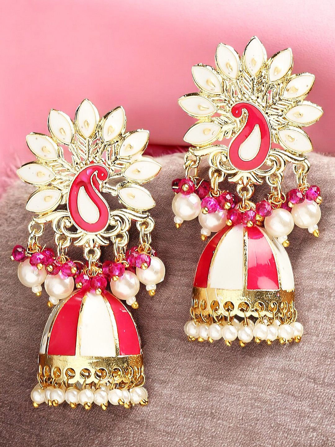 

OOMPH Floral Artificial Stones And Beads Studded Meenakari Jhumkas, Pink