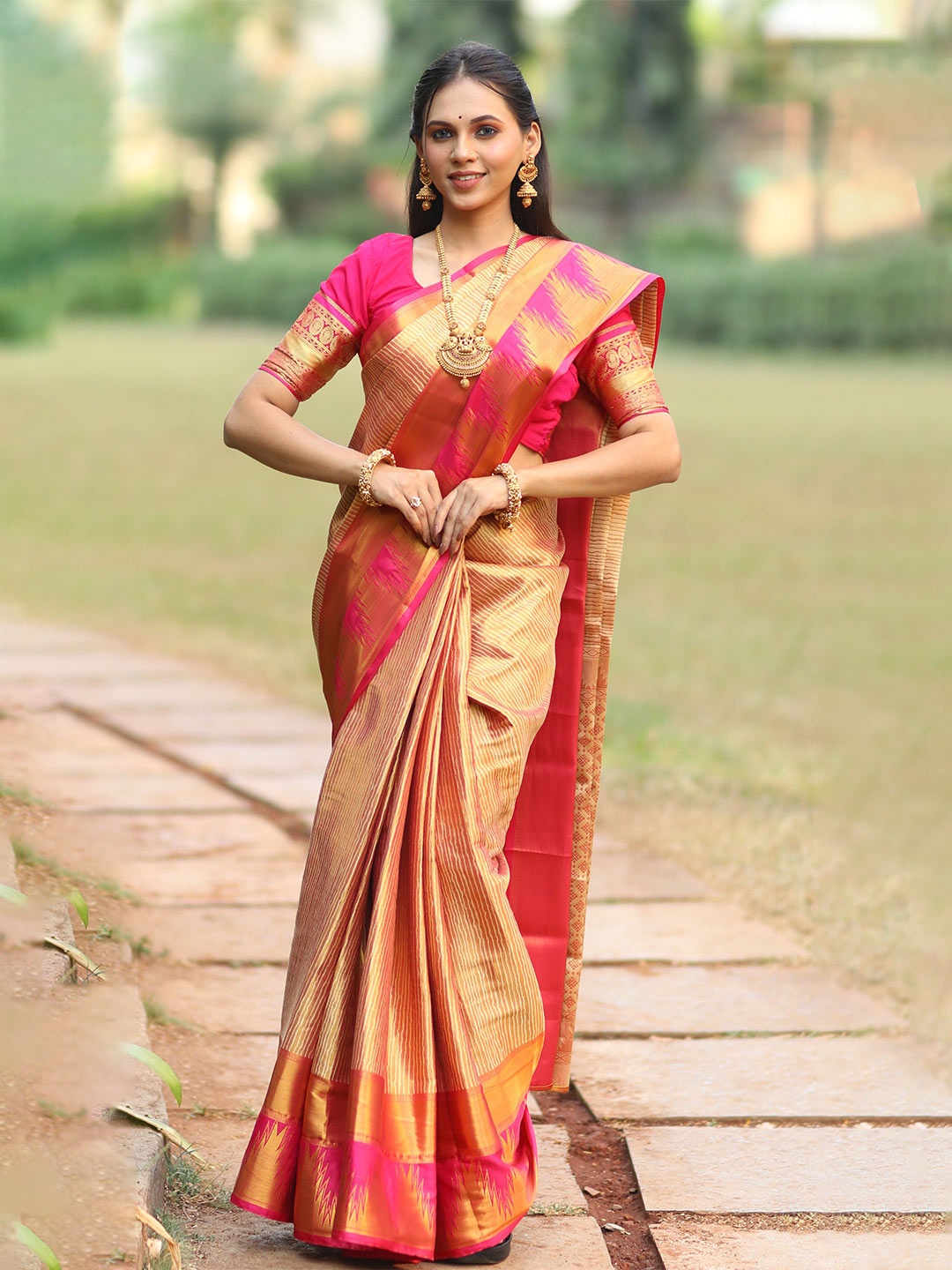 

DrapeMall Striped Woven Design Kanjeevaram Saree, Gold