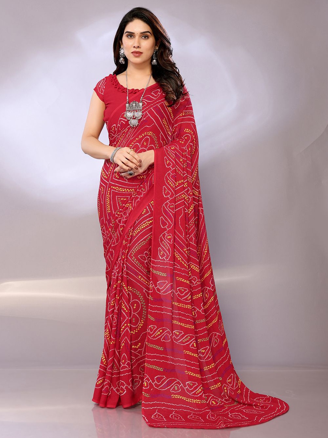 

FABMORA Bandhani Poly Chiffon Saree, Red