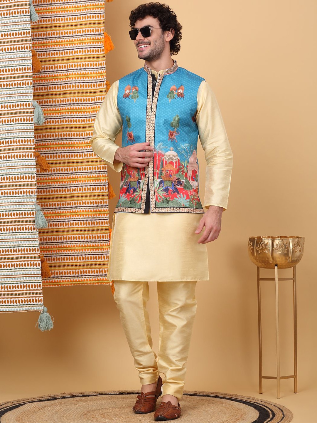 

KRAFT INDIA LUXE Mandarin Collar Straight Kurta with Churidar & Ethnic Motifs Nehru Jacket, Beige