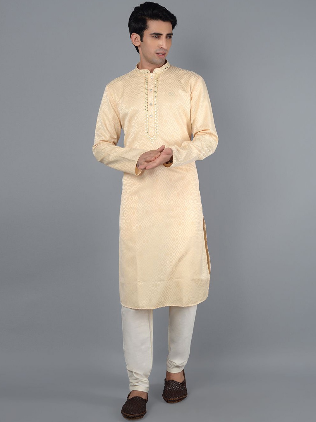 

azania Ethnic Woven Design Mandarin Collar Regular Mirror Work Straight Kurta with Pyjamas, Beige