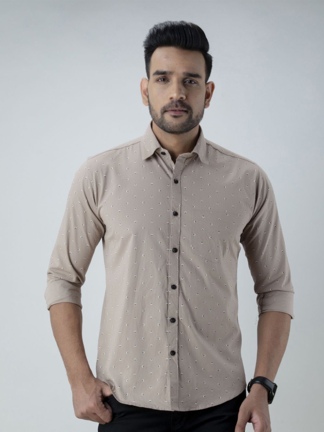 

Vcom Men Classic Spread Collar Micro Ditsy Printed Cotton Slim Fit Casual Shirt, Grey