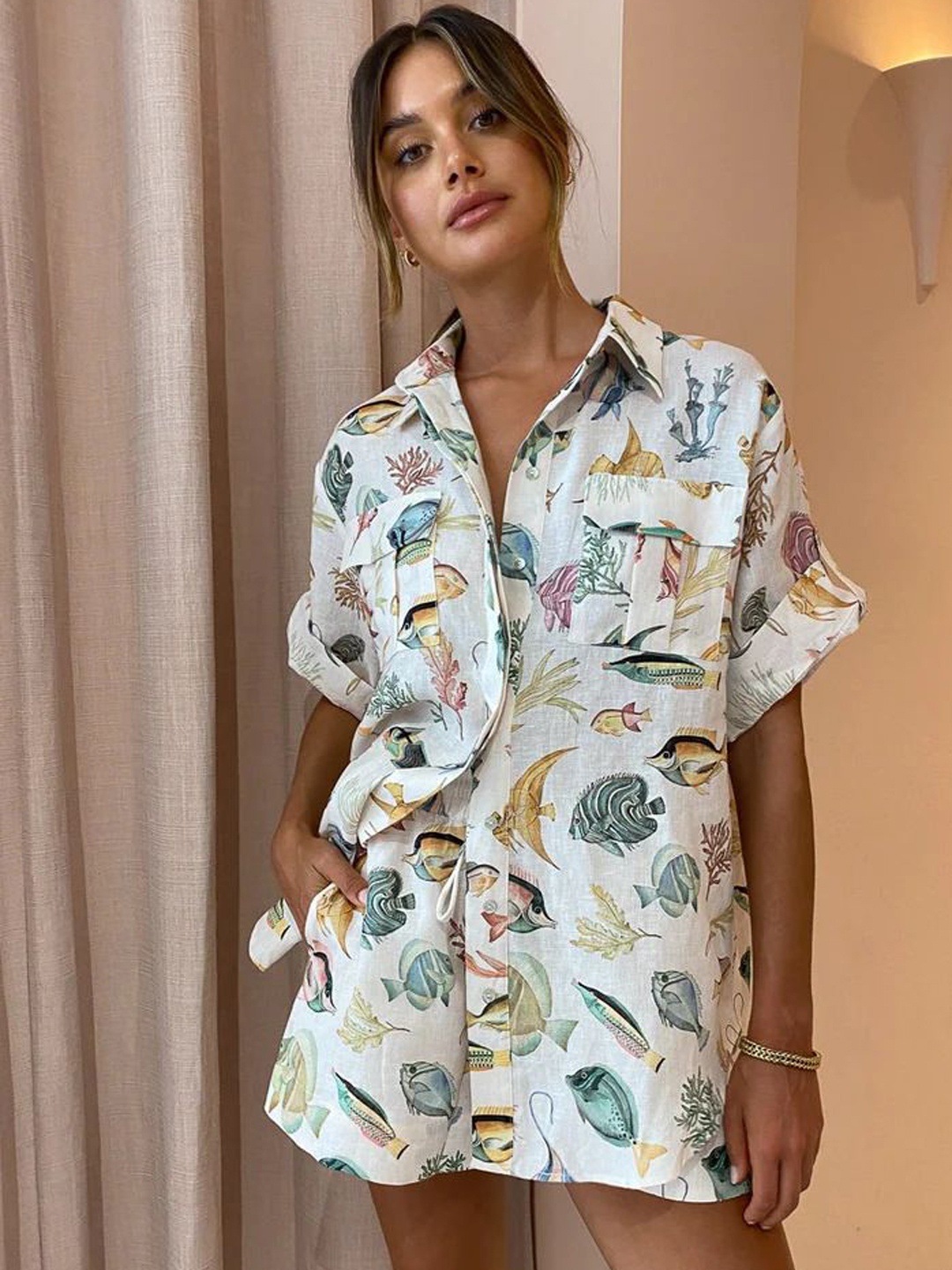

MIAKEE Travina Printed Short Sleeves Shirt With Short, Cream