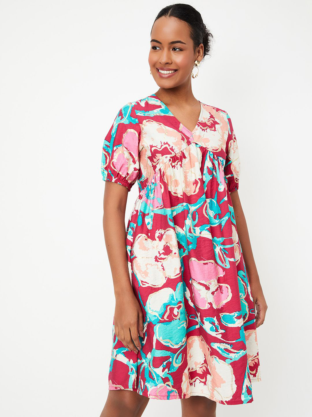

max Floral Printed Puff Sleeve A-Line Dress, Pink