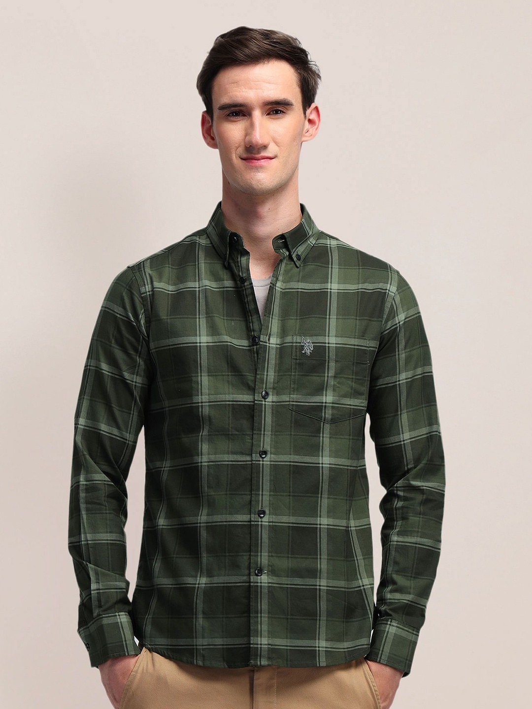 

U.S. Polo Assn. Men Button-Down Collar Checked Cotton Casual Shirt, Olive