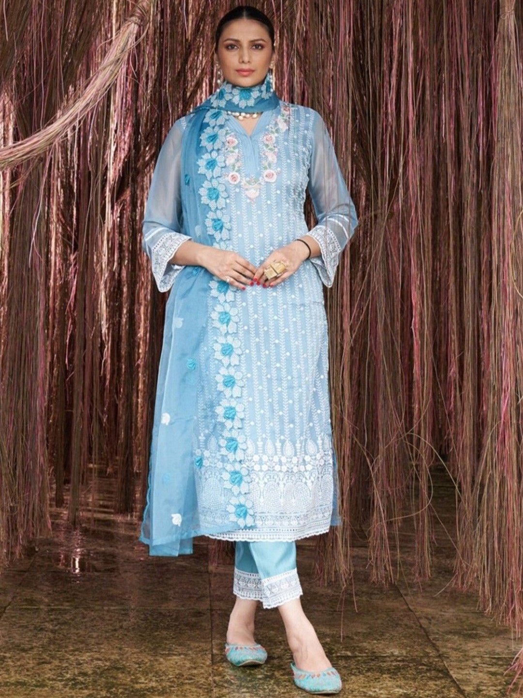 

AUTUMN LANE Women Floral Embroidered Pakistani Style Kurta With Trouser & Dupatta, Blue