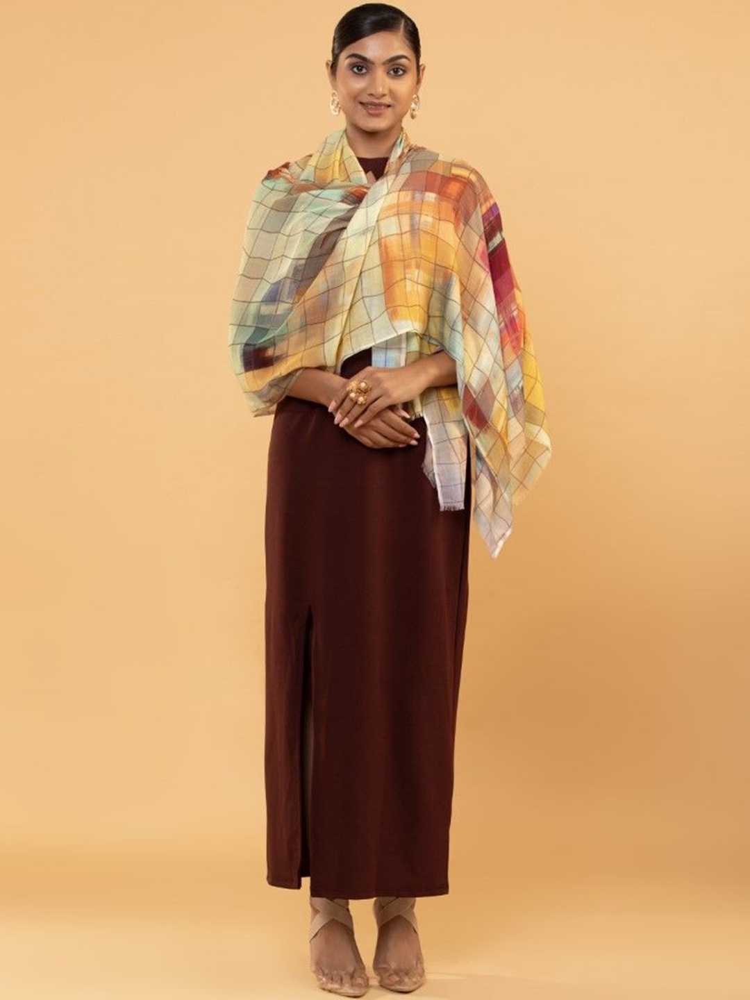 

MODARTA Checked Woollen Shawl, Yellow