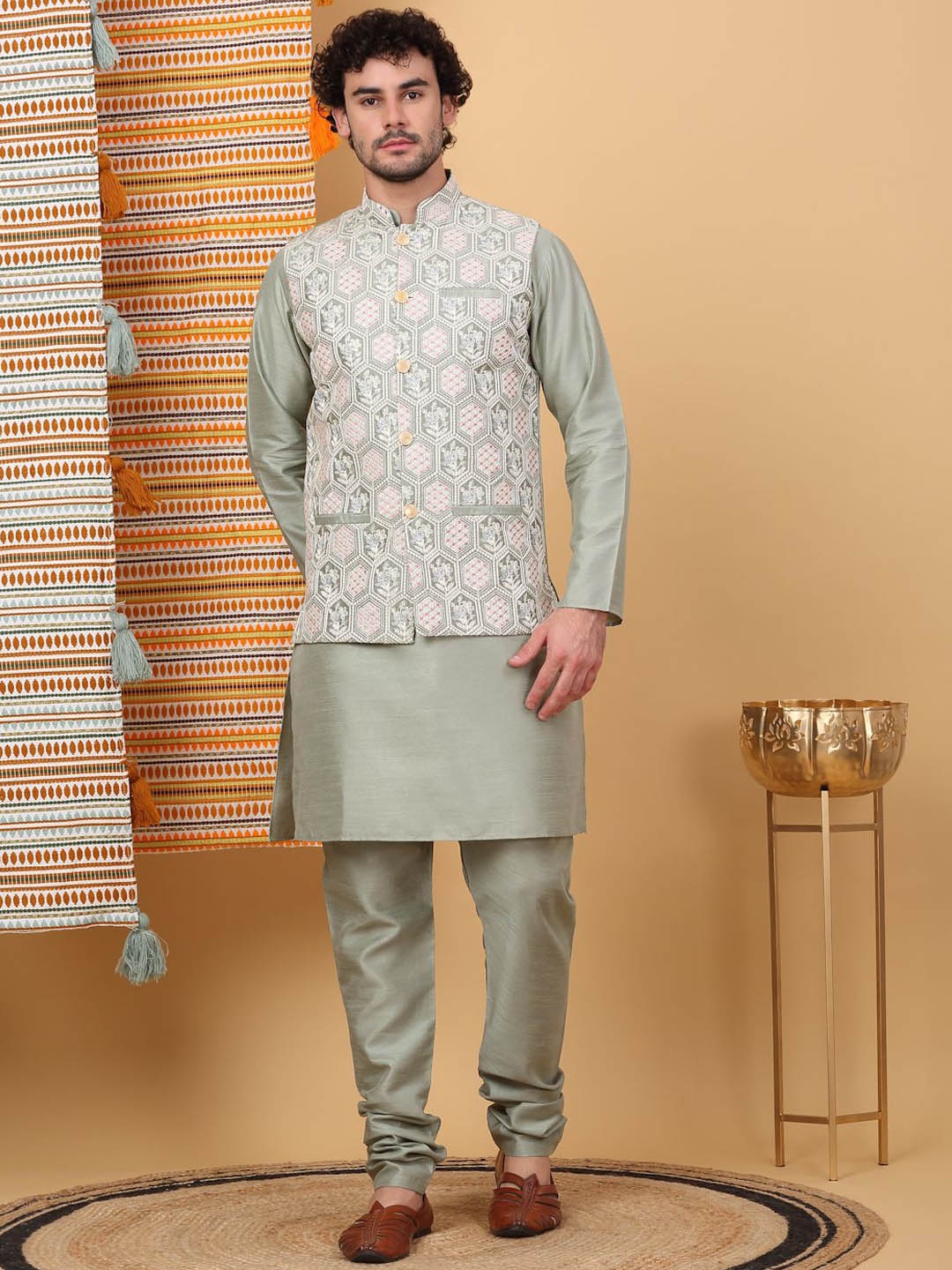 

KRAFT INDIA LUXE Mandarin Collar Straight Kurta with Churidar & Embroidered Nehru Jacket, Olive