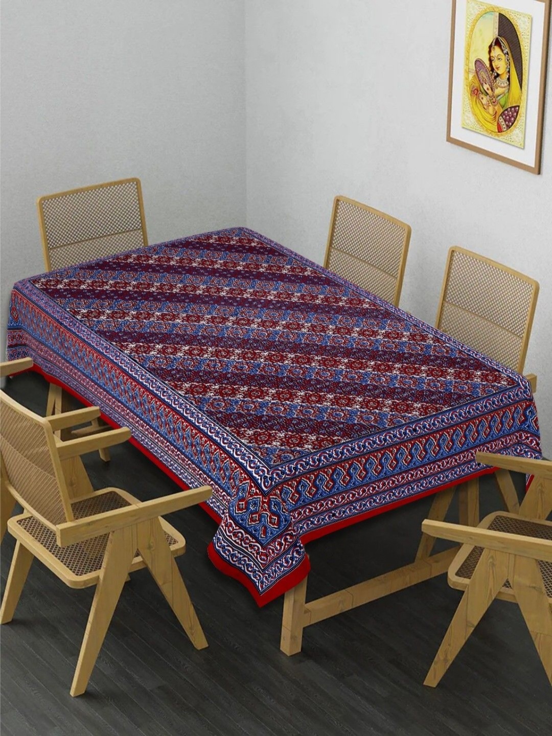 

INDHOME LIFE Blue & Red Ethnic Motifs Printed Cotton 6-Seater Table Cover