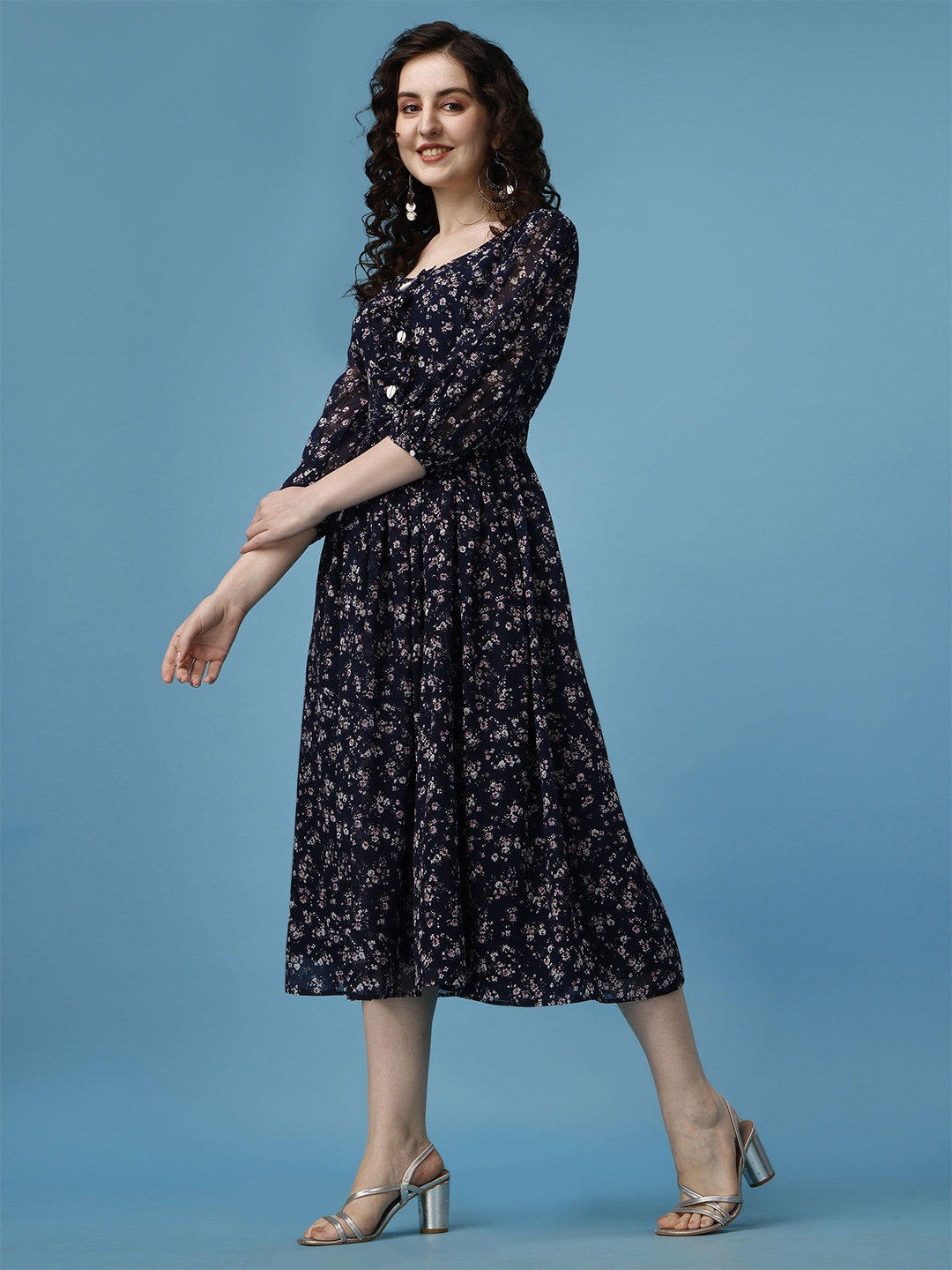 

Fashion2wear Floral Printed Georgette Fit & Flare Midi Dress, Blue